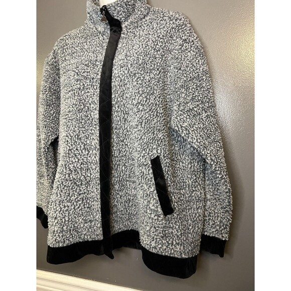 Euro Joy Jacket Womens Medium Gray Sherpa Fleece Full Zip Velvet Trim Boucle - Picture 3 of 9